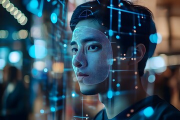 man using facial recognition AI interface for access, digital security context
