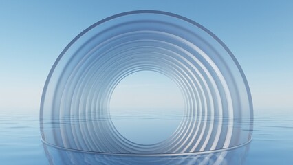3d illustration of abstract minimal Geometry background, geometric podium with glass design on water surface, Product presentation backdrop