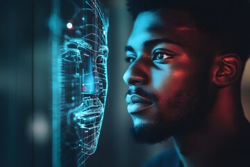 man using facial recognition AI interface for access, digital security context

