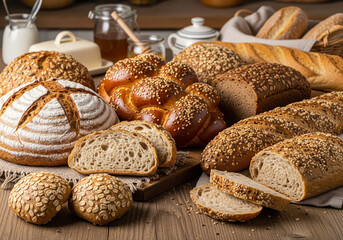 Assortment of Freshly Baked Breads and Rolls on Wooden Table