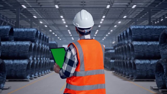Back View Of Asian Male Engineer With Safety Helmet Working On A Green Screen Tablet And Looking Around While Standing with Stacks of Huge Metal Wire Coils