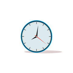 A simple blue clock isolated on white background showing the time with black and red hands in a minimalist vector illustration
