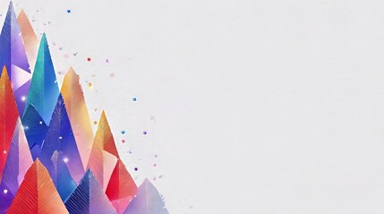 Obraz premium Colorful geometric paper peaks on the left foreground, tiny confetti drifting across clean white background with wide copy space on the right, concept of diversity and creative celebration atmosphere