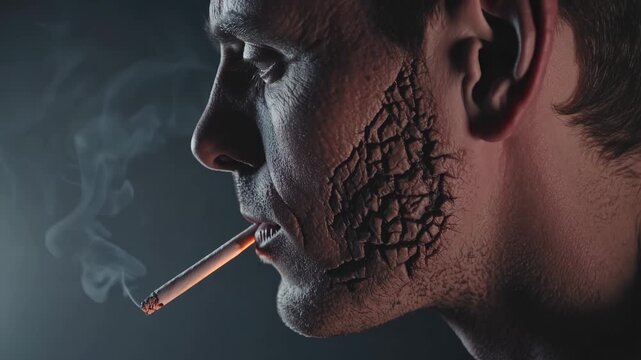 Cigarette between lips emits smoke near cracked face. Smoking causes addiction and tobacco damage. Skin shows deep wrinkles. Tobacco and smoke speed aging. Face damaged by addiction and cigarette use