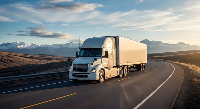 White semi truck driving on highway through green nature and mountains. Commercial vehicle transport for logistics and freight shipping.