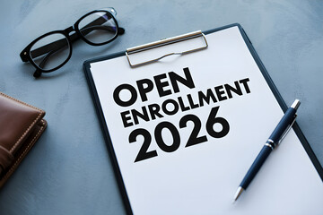 a detailed document with the text "OPEN ENROLLMENT 2026" written on it, surrounded by a pair of glasses and a pen