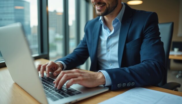 Smiling young professional man types on laptop computer. Wears stylish blue suit, light collared shirt. Diligently works at modern office desk, city buildings visible outside large panoramic window.