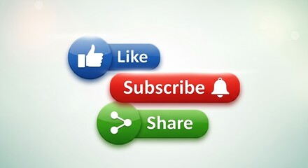 Collection of social media buttons blue like, red subscribe with bell, and green share icons on a light background.jpeg