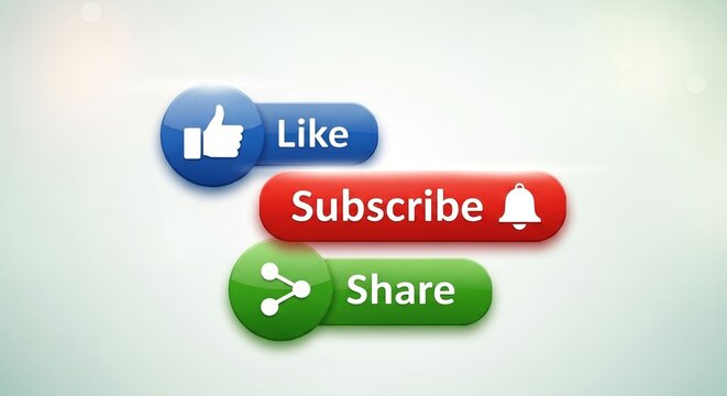 Collection of social media buttons blue like, red subscribe with bell, and green share icons on a light background.jpeg