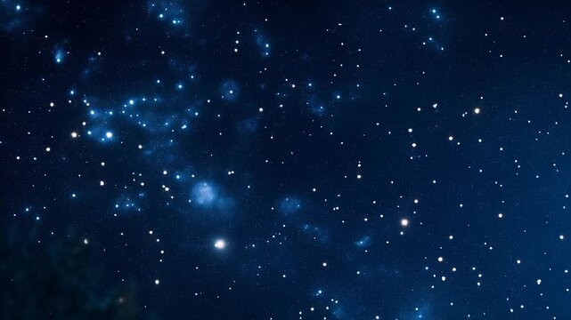 The starry night sky displays countless bright stars shining against the deep blue backdrop, creating a mesmerizing cosmic scene. This celestial canvas captivates the viewer's imag