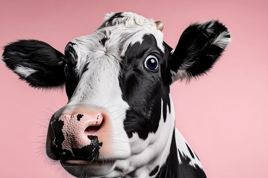 Vache noir et blanc se l&eacute;chant le musant avec sa langue sur fond rose
