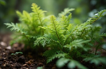 Close photo of green plants in garden. Rich leaves plants with feathery foliage grow in soil. Nature background for eco projects and botanical studies.