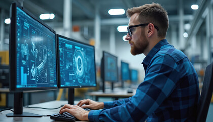 Engineer uses CAD software on dual monitors. He works on complex mechanical designs and plans manufacturing processes. Man in blue shirt focuses on digital engineering project.