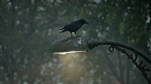 A solitary black crow perched atop a curved street lamp within a shaded park