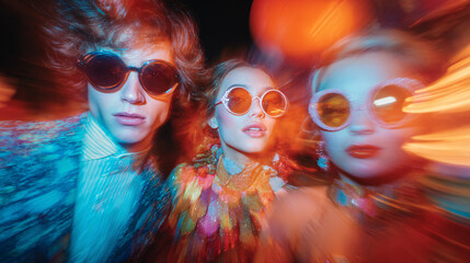 Young friends wearing retro sunglasses enjoying a vibrant disco party nightlife