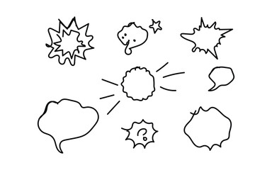 Collection of hand drawn comic book speech bubbles and sound effect elements in black and white