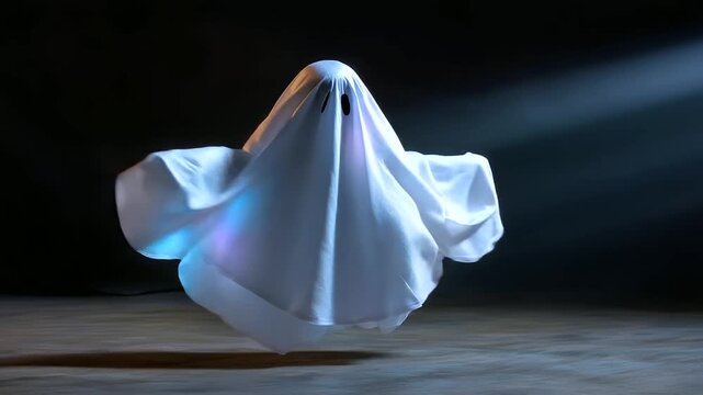 Faceless ghost made of gauze illuminated by hidden light source, blurred motion emphasizing a sense of playfulness, with copy space.