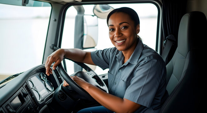 Happy african american woman truck driver smiling in semi truck cabin. Professional woman at work, female occupation concept for job diversity.