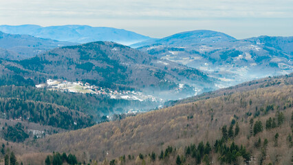 A tranquil winter panorama of Beskid Mały in southern Poland, where snowy meadows meet evergreen forests and rolling mountain hills under a serene, cloud-streaked sky.