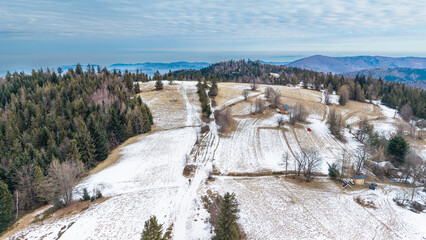 A tranquil winter panorama of Beskid Mały in southern Poland, where snowy meadows meet evergreen forests and rolling mountain hills under a serene, cloud-streaked sky.