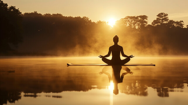 Morning Meditation by the Lake &ndash; Peaceful Yoga Silhouette
