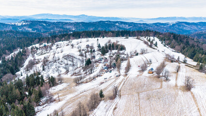 A tranquil winter panorama of Beskid Mały in southern Poland, where snowy meadows meet evergreen forests and rolling mountain hills under a serene, cloud-streaked sky.