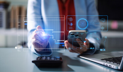 Man holding smartphone with holographic lock and data network graphics. Concept of cybersecurity, privacy, mobile protection