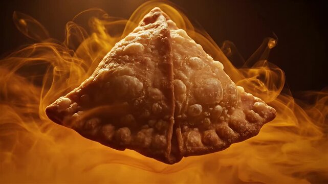 A detailed image of a baked, crusty food item surrounded by golden, flowing, smoky wisps
