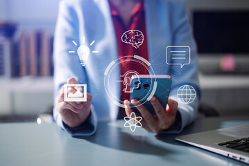 Woman hand with cupped hands under a glowing AI interface surrounded by futuristic tech icons. Ideal for artificial intelligence, innovation