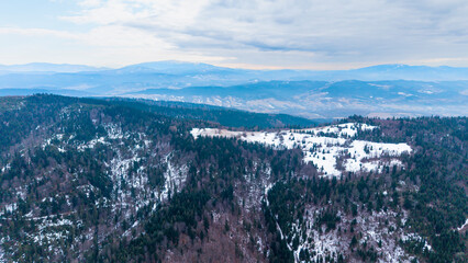 A tranquil winter panorama of Beskid Mały in southern Poland, where snowy meadows meet evergreen forests and rolling mountain hills under a serene, cloud-streaked sky.