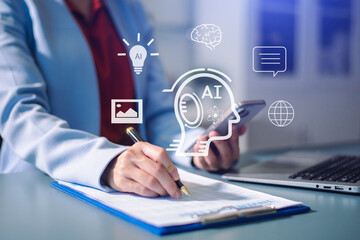 Woman hand with cupped hands under a glowing AI interface surrounded by futuristic tech icons. Ideal for artificial intelligence, innovation