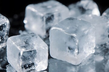 Macro photo of transparent ice cubes on reflective surface.