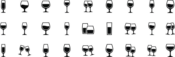 Diverse collection of wine and cocktail glass silhouettes ideal for beverage and hospitality design elements vector