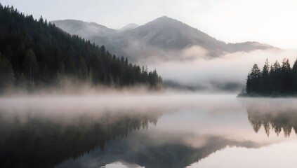 Calm lake surrounded by misty mountains at sunrise.