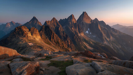 Naklejka premium Jagged mountain peaks illuminated by the golden light of early morning