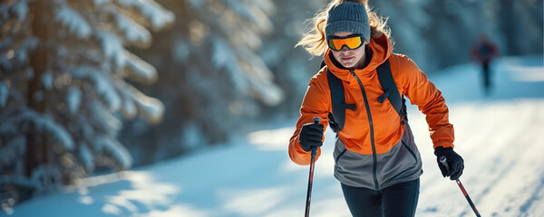 Young woman in orange jacket cross country skiing on snowy trail. Female athlete during winter sport activity in forest. Sportswoman with poles practices ski on sunny day.