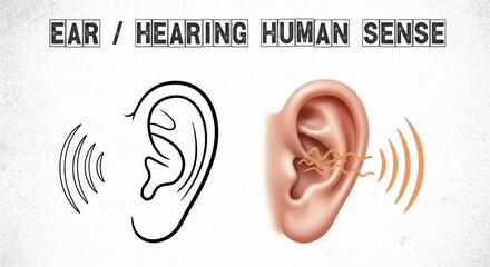Human ear hearing sense anatomy and sound waves illustrating auditory perception