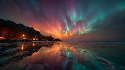 Vivid northern lights reflecting over icy landscape at night.