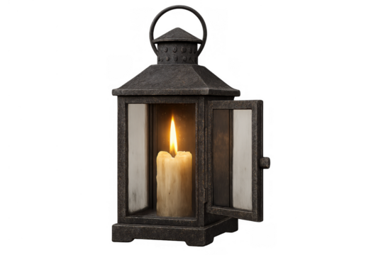 Old lantern with open door holding a lit candle, providing light, isolated on transparent background - Powered by Adobe
