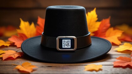 Pilgrim hat with smartwatch displaying QR code and autumn leaves