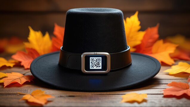 Pilgrim hat with smartwatch displaying QR code and autumn leaves