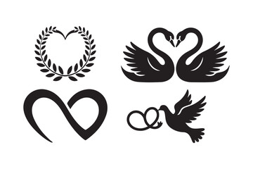 Romantic symbols of love and unity in black silhouette