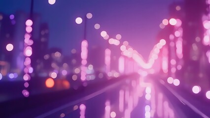 Mesmerizing pink and purple bokeh over a silhouetted city skyline.