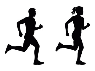 Running silhouettes of a man and woman in side view motion, sleek athletic vector concept representing health, training, and sports lifestyle with minimalist form