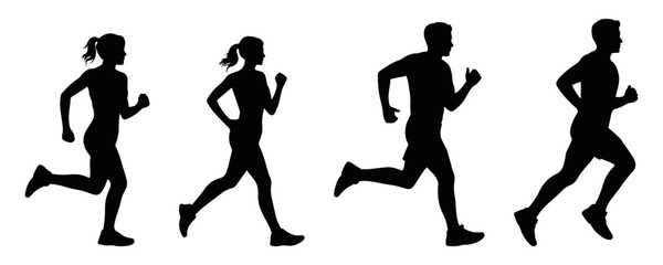 Silhouette set of running men and women in dynamic motion, showing active fitness lifestyle and energy movement in clean black and white minimal vector style
