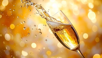 Champagne flute being filled with golden bubbly liquid against warm bokeh lights for editorial celebration photography luxury event design and poetic effervescence-themed visuals