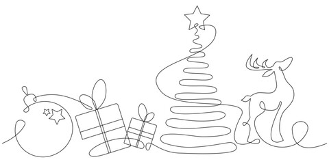 Vector Christmas card in line art style. Festive sketch. Deer, christmas tree, gift isolated on white background. Continuous line drawing christmas toys and christmas box