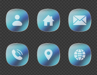 Liquid transparent glass UI icon set, frosted glass morphism rounded square buttons on transparent background with user, home, mail, phone, location, and globe symbols for web and app design