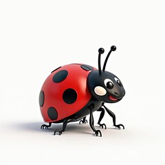 Obraz premium Cute cartoon ladybug insect with black spots on red body. Small bug walks with happy face and antennae on white background. Ladybird is a symbol of good luck and spring.