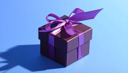 Purple gift box with shiny ribbon on blue background for editorial celebration photography special occasion design and poetic elegance-themed visuals